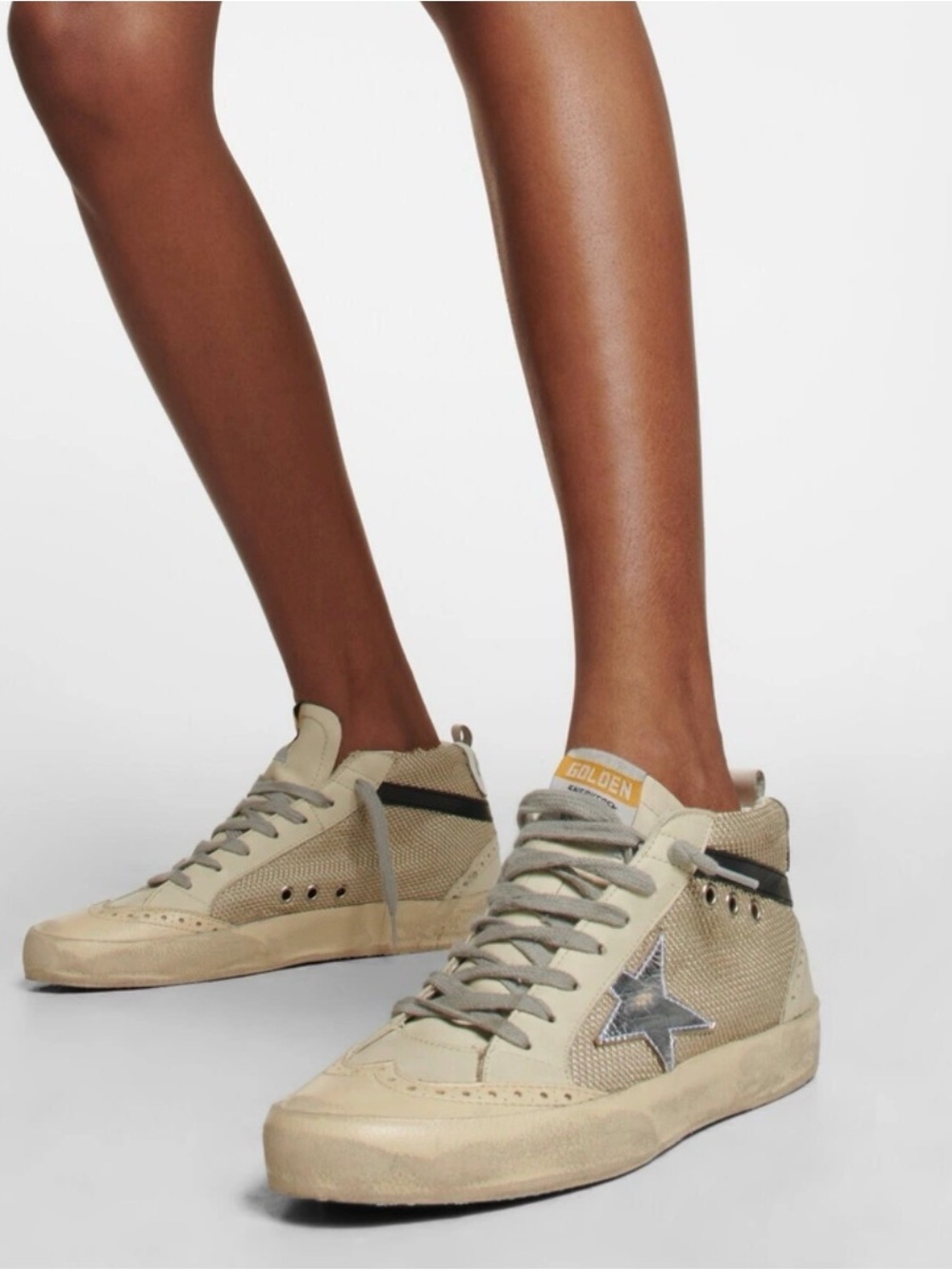 Golden Goose Cream Mesh and Black Leather Mid Star Sneakers with Silver Star - Picture 4 of 11